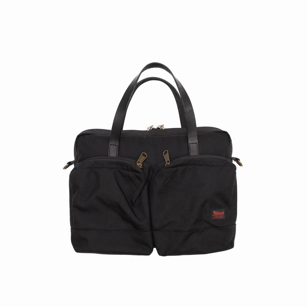 FILSON Black Laptop Briefcase Bag Leather Handles Padded Compartment